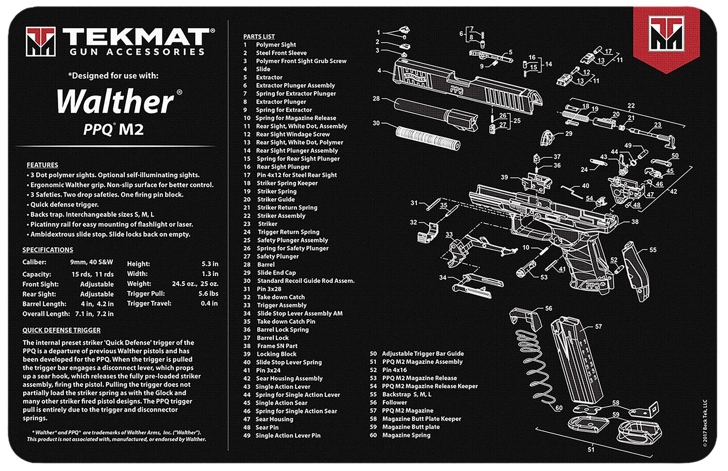 TekMat 11x17 Gun Cleaning Mat- Walther PPQ Mod2 - TEKMAT