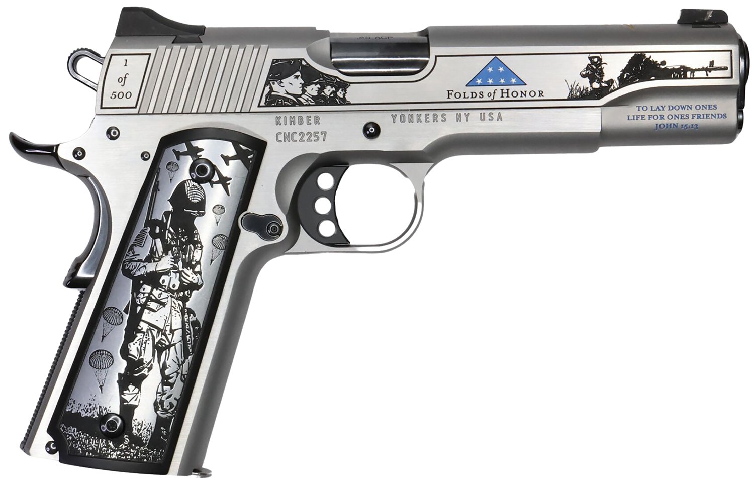Cnc Firearms CNCFOLDSHONOR Folds Of Honor Limited Edition 45 ACP 7+1 5" Match Grade Barrel, Engraved/Serrated Stainless Steel Slide, Stainless Steel Frame w/Beavertail, Scenic Aluminum Grip - CNC - SAO