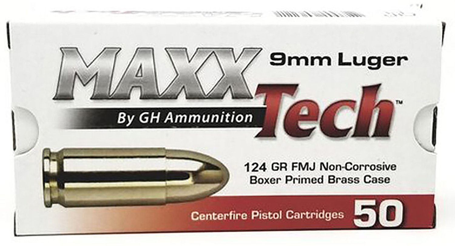 MaxxTech PTGB9124B 9mm Luger 124gr Full Metal Jacket Ammo, Box of 50, Brass Casing, Non-Corrosive Primer