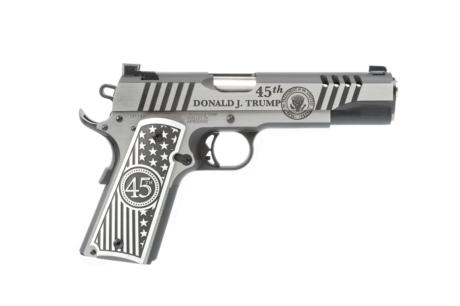 Auto-Ordnance Trump One 1911 Stainless Steel .45 ACP Handgun - 5" Barrel, 7-Round Magazine, Custom Flag Engraved Aluminum Grips, TruGlo Night Sights - Auto-Ordnance - 45 ACP