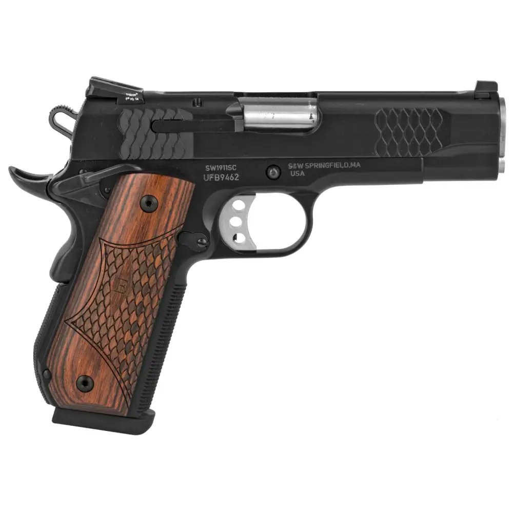 Smith & Wesson 108483 1911 E-Series 45 ACP 4.25" Barrel 8+1 Capacity Black Scandium Frame Stainless Steel Slide Laminate Wood Grip Manual Thumb Safety