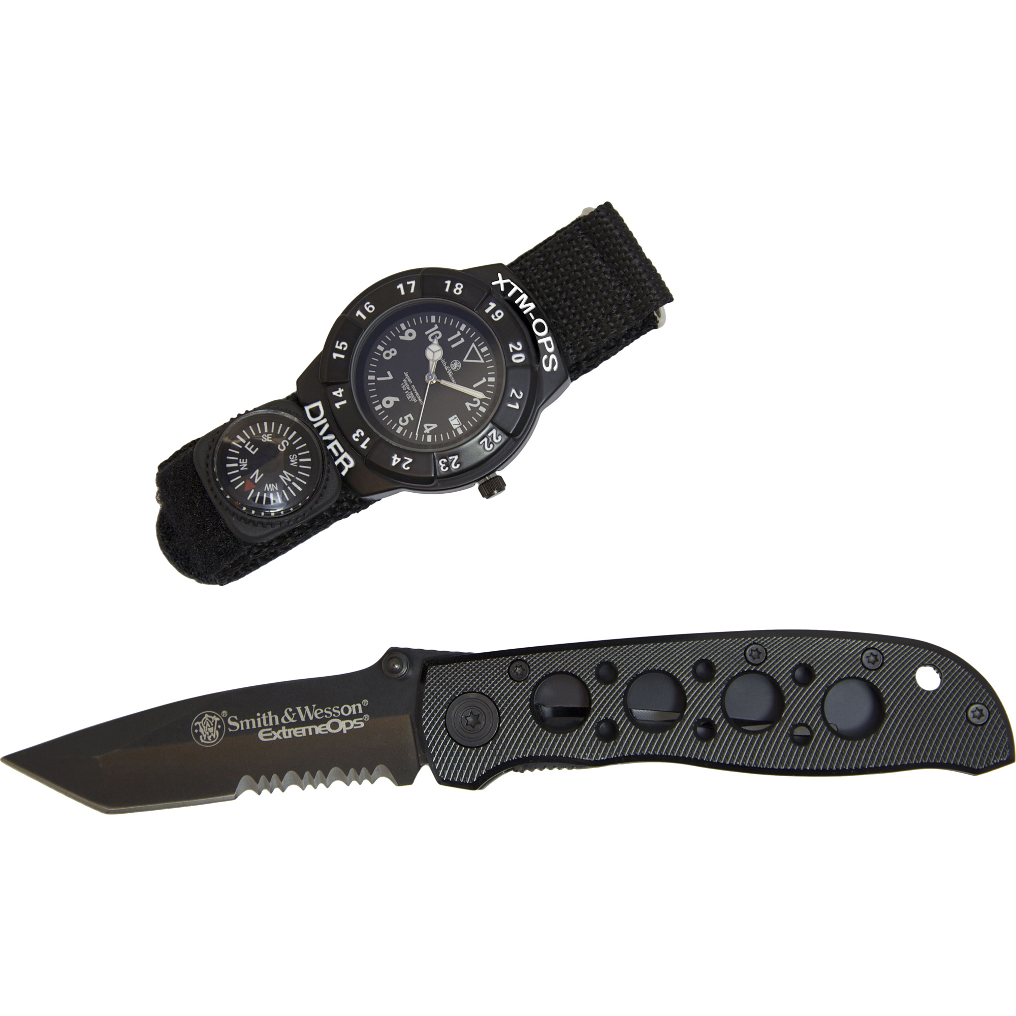 S&W SWXTMOPS2 S&W Extreme Ops Combo 3.18" Folding Plain Black 420 Stainless Steel Blade, Black Handle, Watch w/Compass