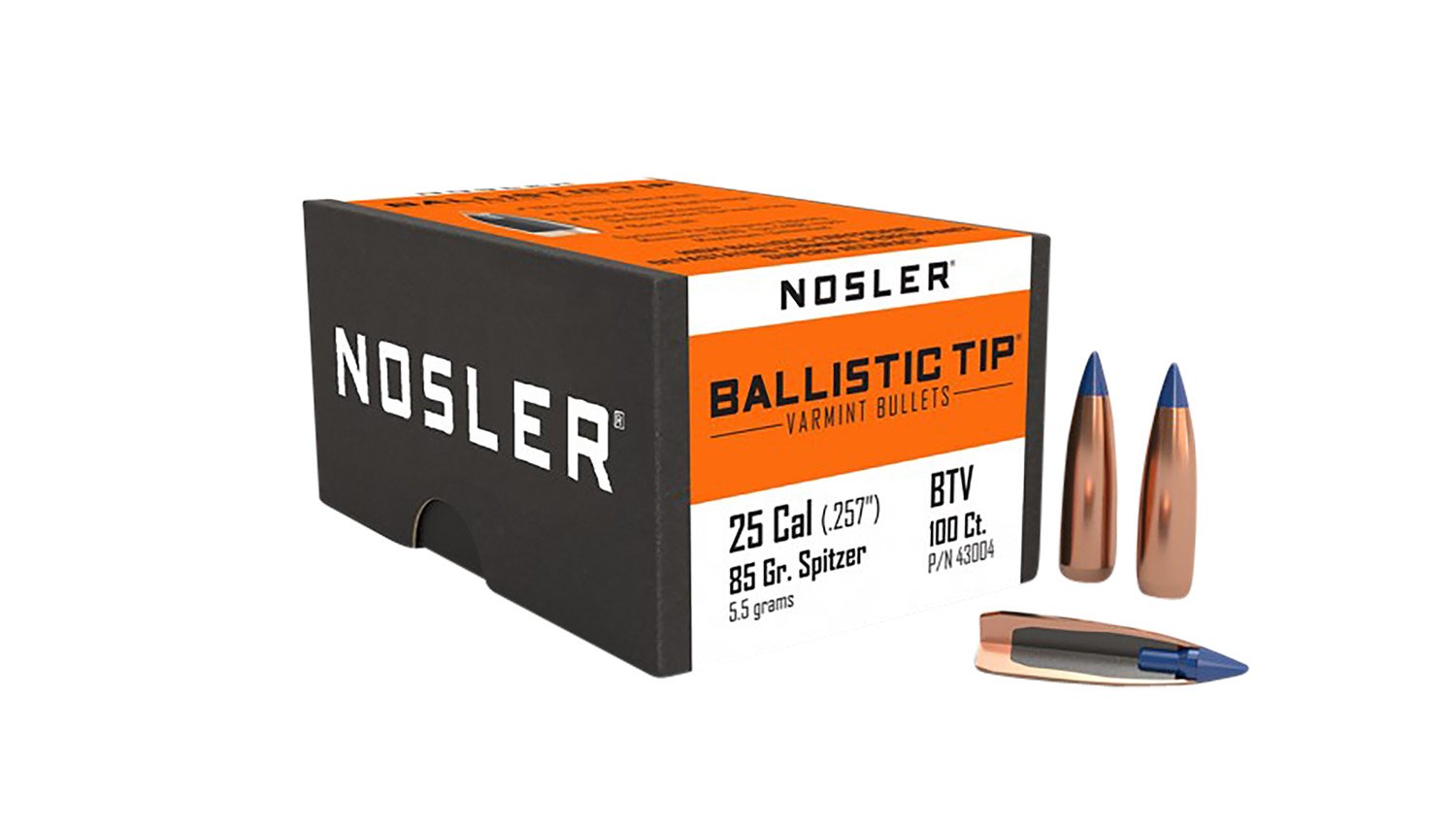 Nosler 43004 Ballistic Tip Varmint Bullets, 25 Cal .257, 85gr Spitzer Boat Tail, 100 Count - Nosler - 25 Caliber