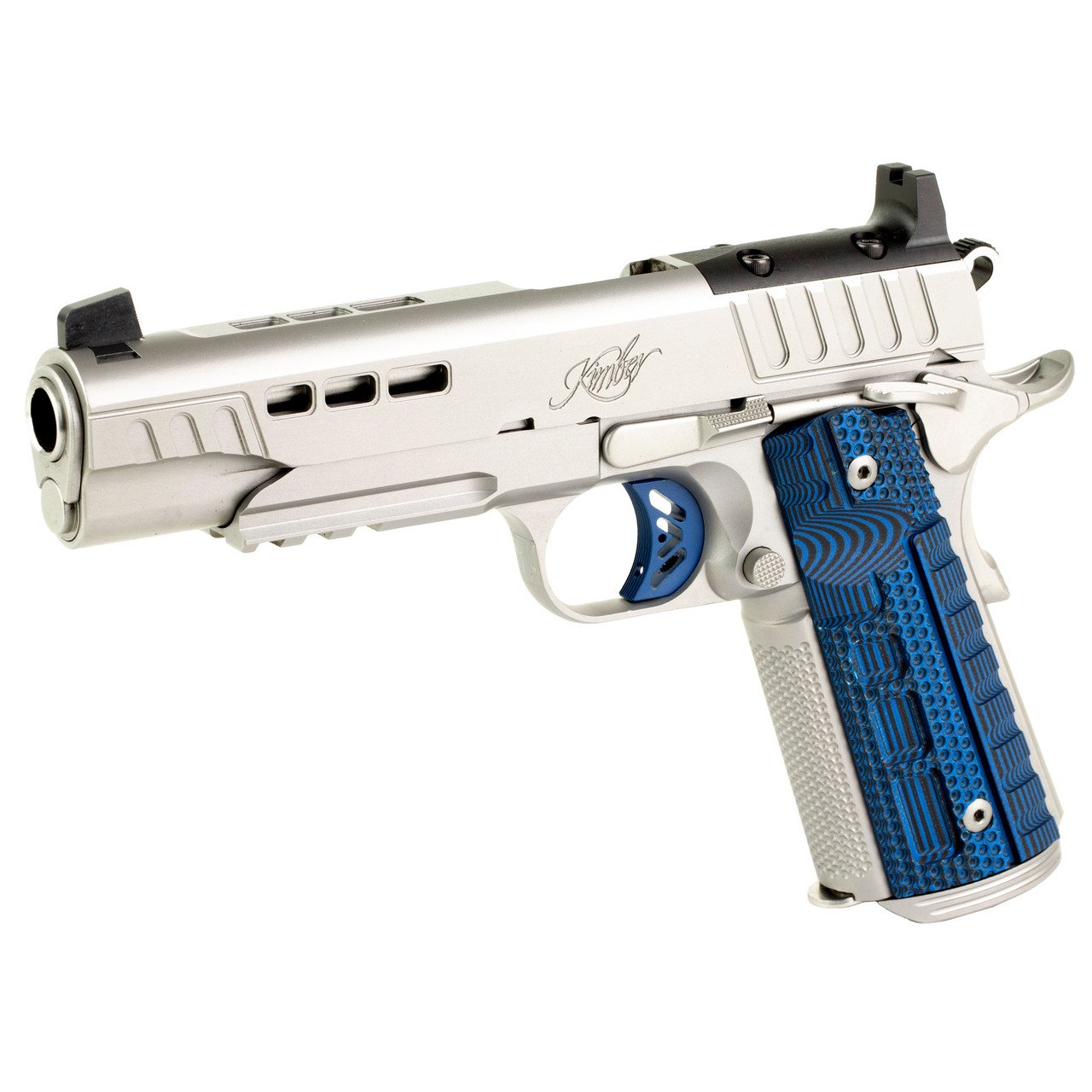 Rapide Ice .45ACP 5" Stainless DLC Threaded Barrel, KimPro II Silver, Black & Blue G10 Grips, White Dot Sights, Picatinny Rail, Blue Aluminum V-Cut Trigger - Kimber Manufacturing, Inc. - 45 ACP