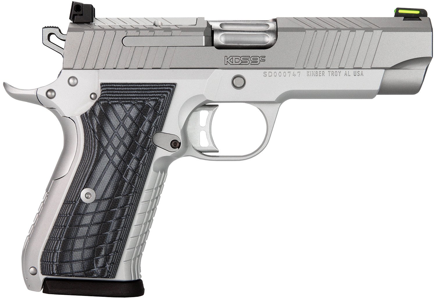 Kimber KDS9c 9mm 4" KimPro Silver Optic-Ready, Green Fiber Optic Sight, G-10 Grips - Kimber Manufacturing, Inc. - 9mm