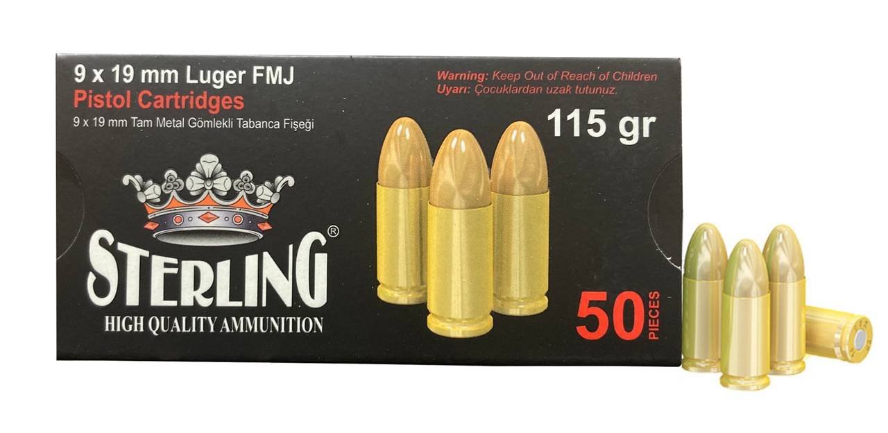 Sterling 500.9.19.L.FMJ 9MM 115 Grain FMJ Brass Case 50 Rounds - STERLING AMMUNITION - 9mm Luger (9x19 Parabellum)