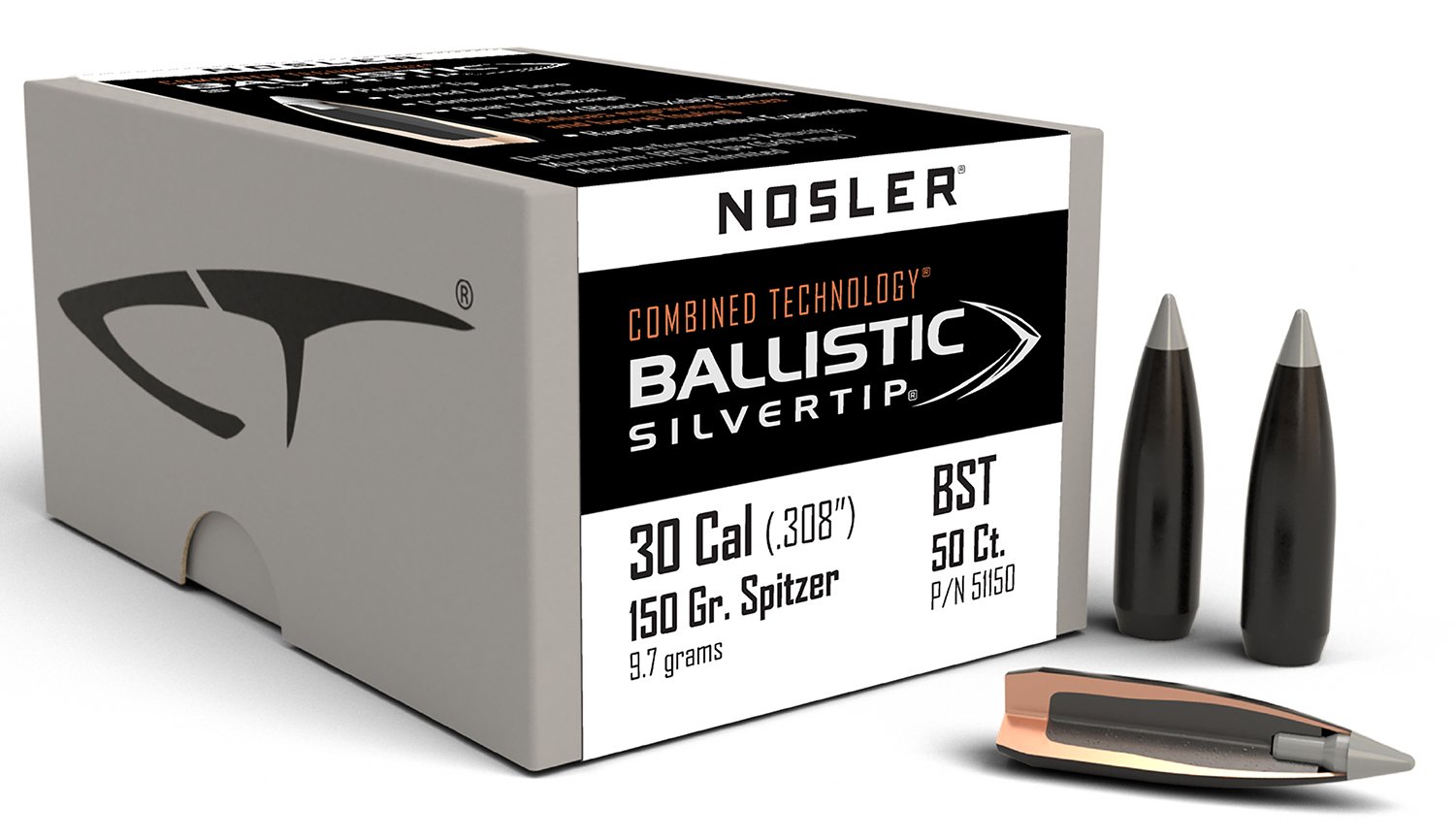 Nosler Ballistic Silvertip .30 Cal, 150 gr, Spitzer Point, 50 pk, Black, Polymer Tip, Lubalox Coating, 51150 Model - Nosler - 30 Caliber