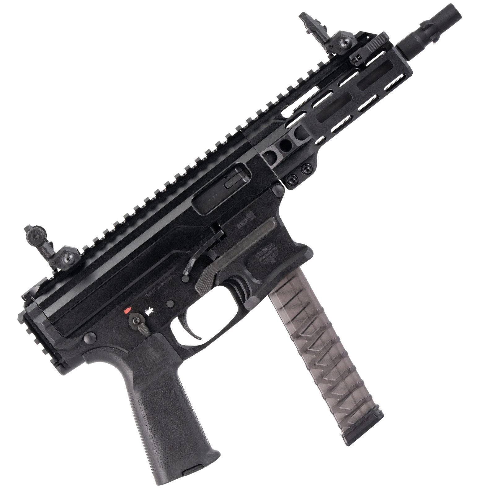ARP9 9MM pistol Alum body and HG Folding stock Pic end rail Mlok handguard AR compatable grop and FC Adjustable flipup sights 15Rd Glock style mag. Fully ambidextrous controls - PWARMS