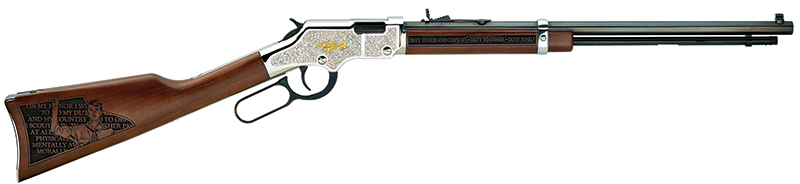 Henry H004STS Golden Boy Salute to Scouting Tribute Edition 22 LR Caliber Lever Action Rifle, 20" Barrel, Nickel-Plated Finish
