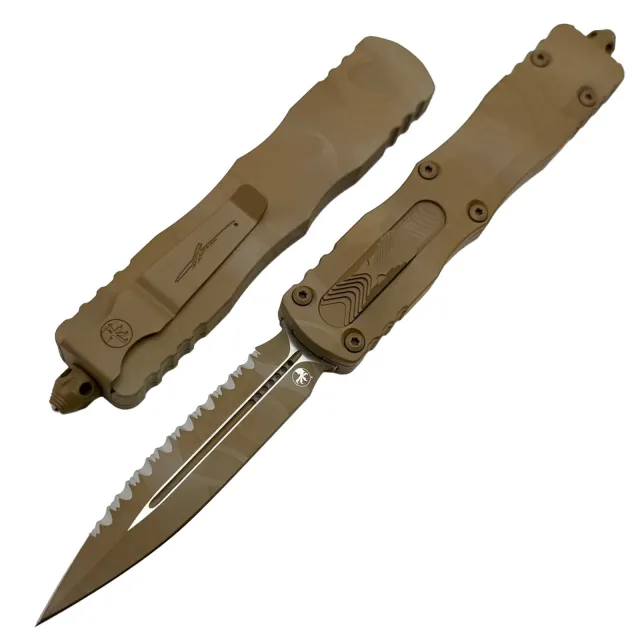 Microtech Dirac Delta 3.79 In Double Edge Full Serrated Sand Dune Camo