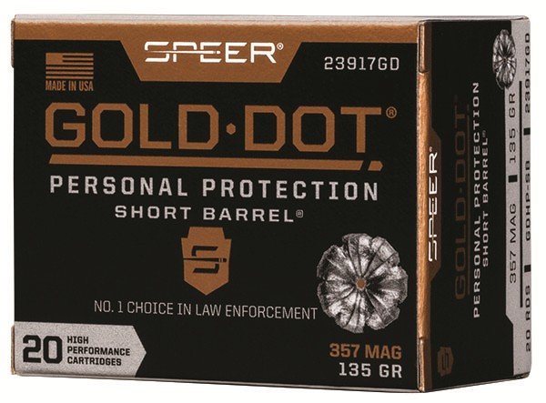 Speer 23917GD Gold Dot Short Barrel 357 Mag, 135 Gr GDHP, Velocity 1000 Ft/Sec, 20 Rounds per Box - Speer - HOLLOW POINT