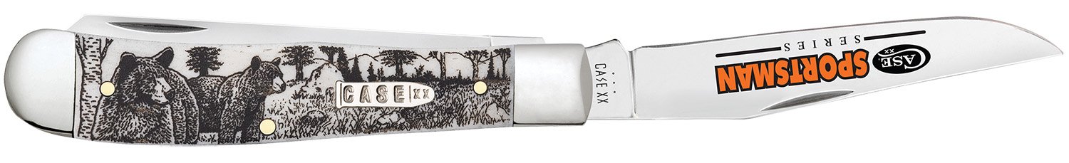 Case 81223 Sportsman Trapper 3.24" Clip/3.27"Spey Folding Plain Mirror Polished Tru-Sharp SS Blade, Bear Wildlife Engraving Natural Bone Handle - Case Cutlery - CLIP POINT/SPEY