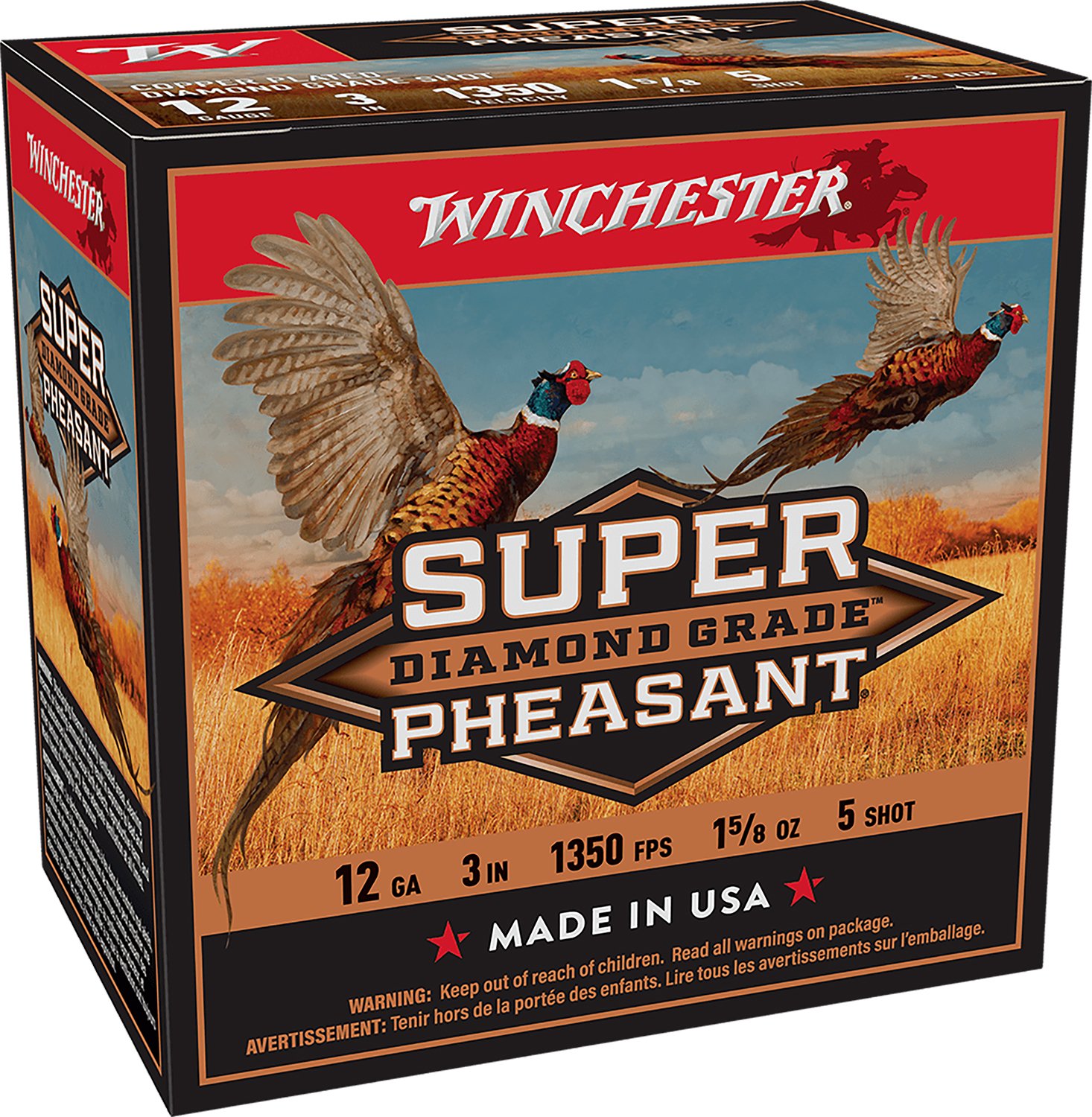 Winchester Ammo SPDG1235 Super Pheasant Diamond Grade 12 Gauge 3" 1 5/8 oz 1350 fps 5 Shot 25 Bx/10 Cs - Winchester - 12 GAUGE