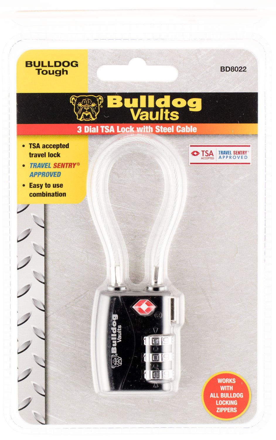 Bulldog Cases BD8022: 2.25" Single Pack TSA-Approved Travel Lock with 4.5" Steel Cable - Bulldog - COMBINATION