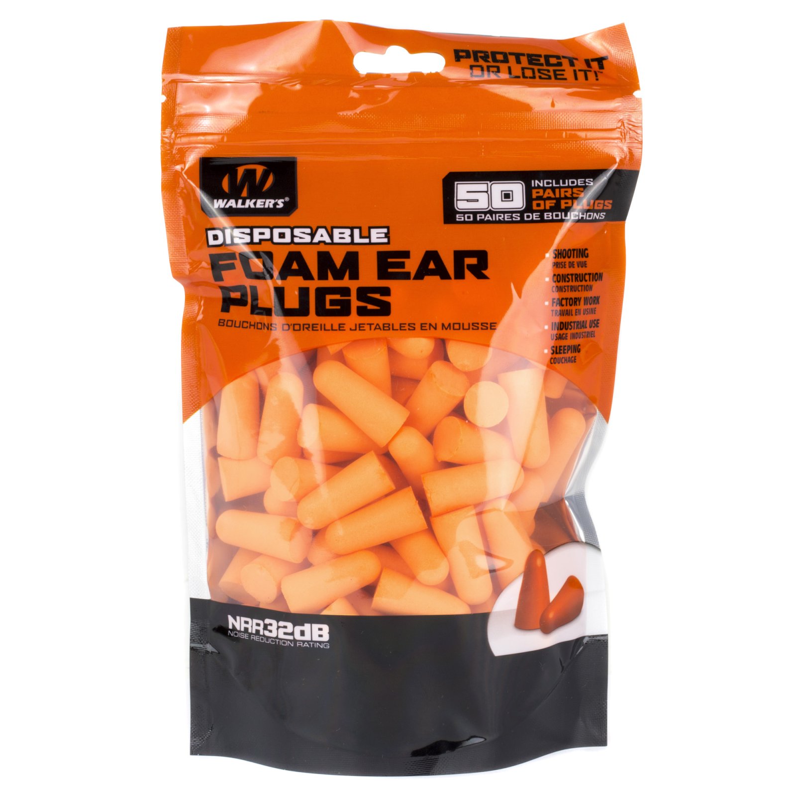 Walker's GWPFP50BAG Foam Ear Plugs Foam 32 dB In The Ear Orange Adult 50 Pair - Walker's