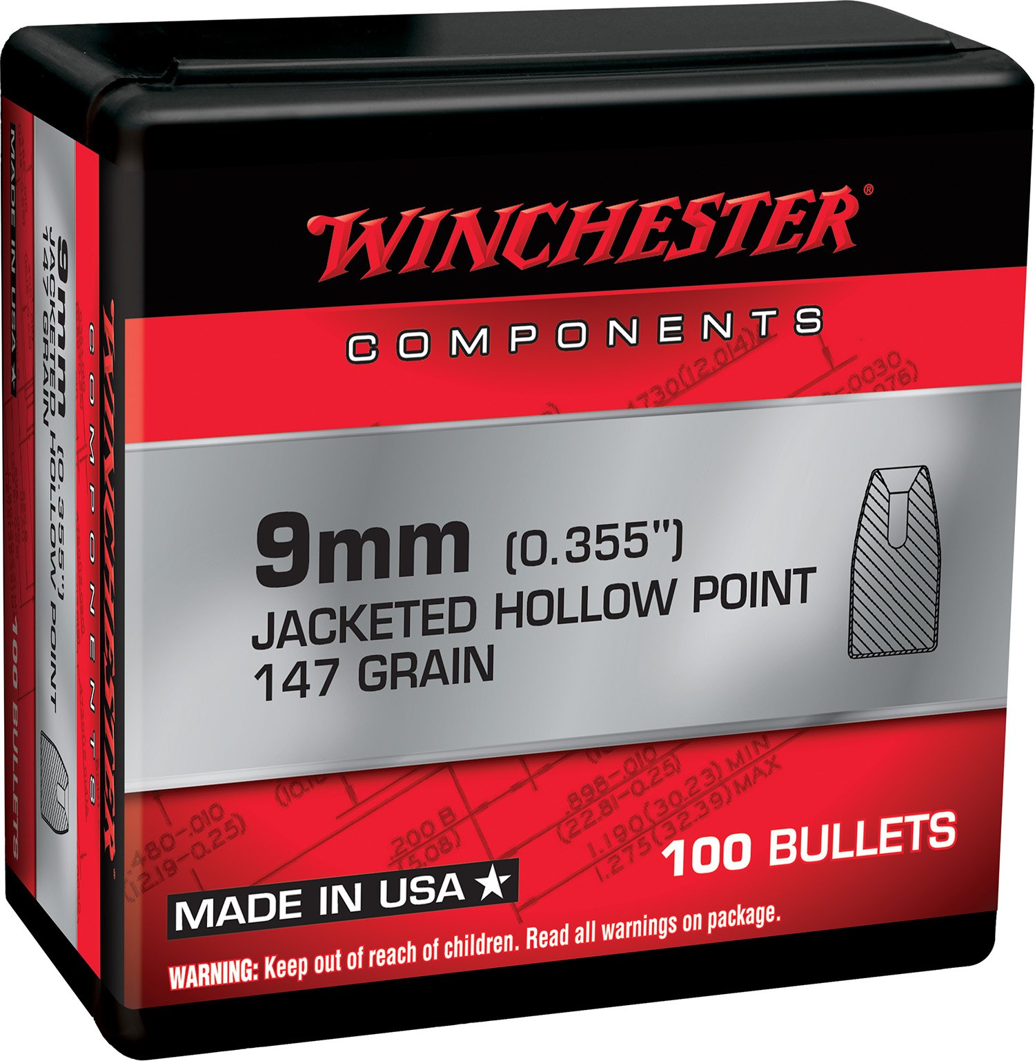 Winchester Ammo WB9JHP147X 9mm .355 147 gr Jacketed Hollow Point (JHP) - 100 Bullets - Winchester - .355