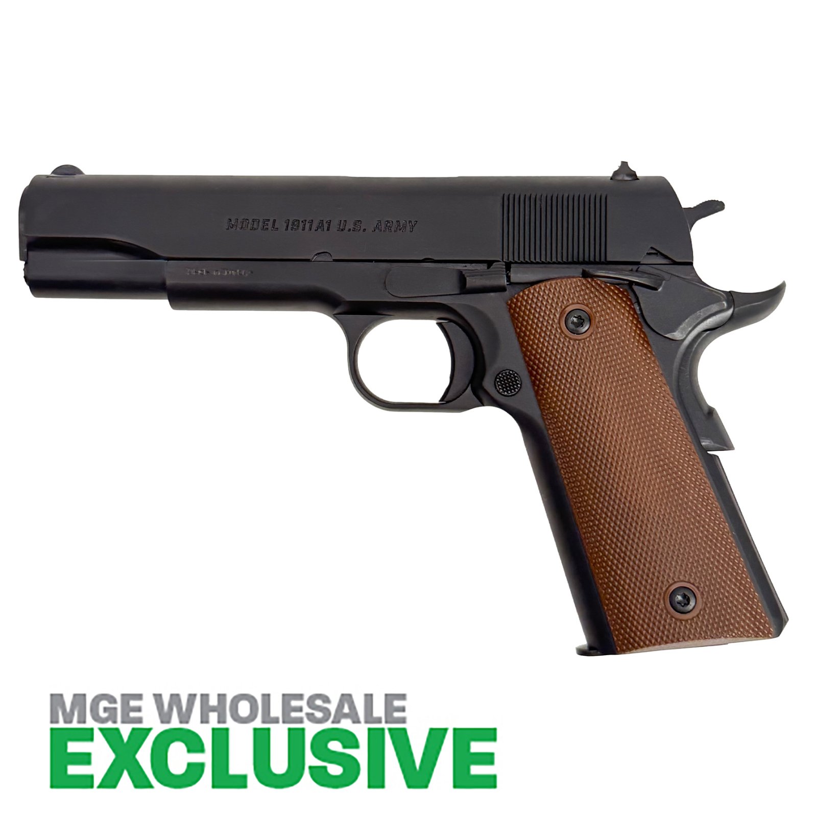 GForce 1911 A1 US ARMY 45ACP 5" Barrel 1 - 7 Round Magazine, Black Nitride Frame and Slide, Ambi Thumb Safety, Extended Grip Safety, Brown Grips MGE Exclusive,