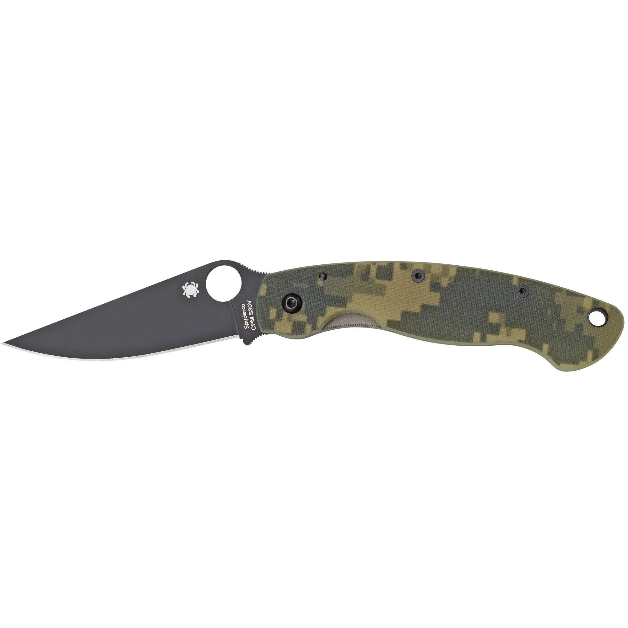 Spyderco Military Folding Knife Camo G-10 Steel Handle Black Blade FE Blade