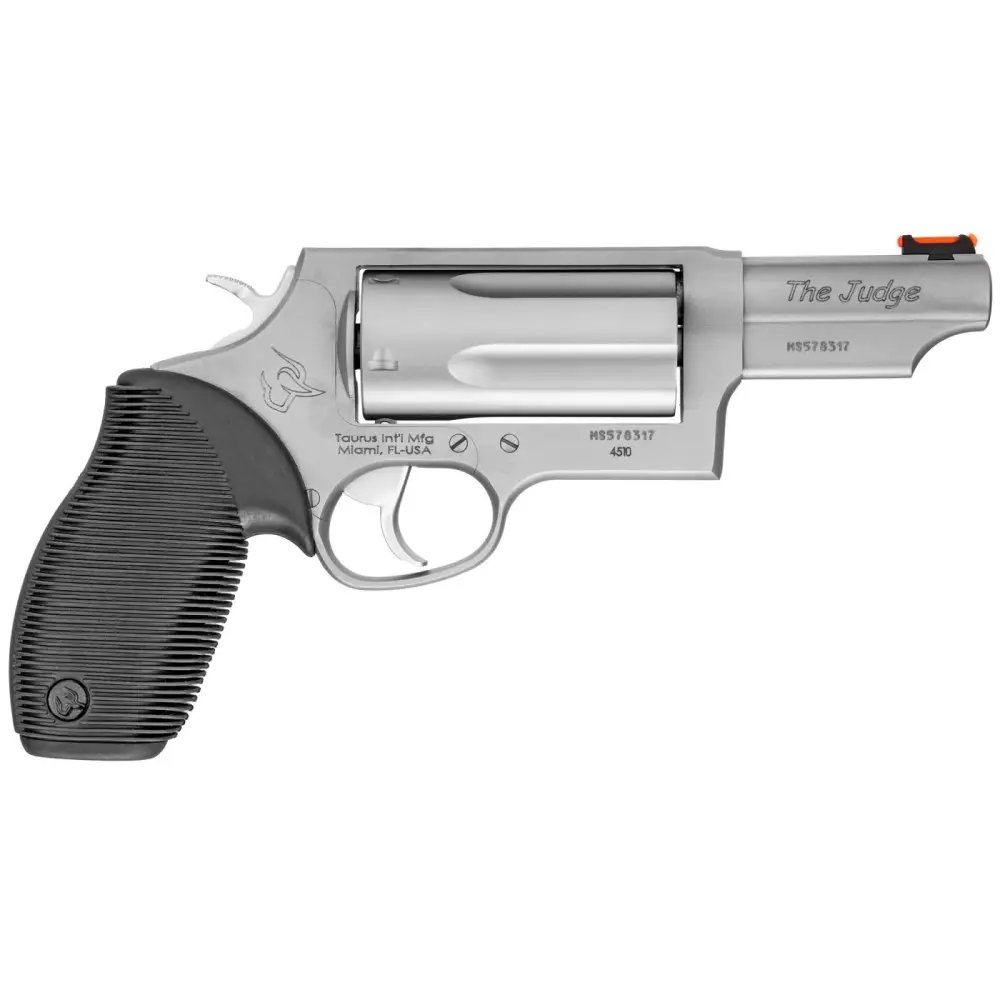Taurus Judge Magnum Revolver, Stainless Steel 45 Colt/410 Mag, 3" Barrel, 5rd Capacity, Black Ribber Grip, Fiber Optic Sight, 2-441039MAG - Taurus International Manufacturing, Inc. - 410 Bore | 45 Colt