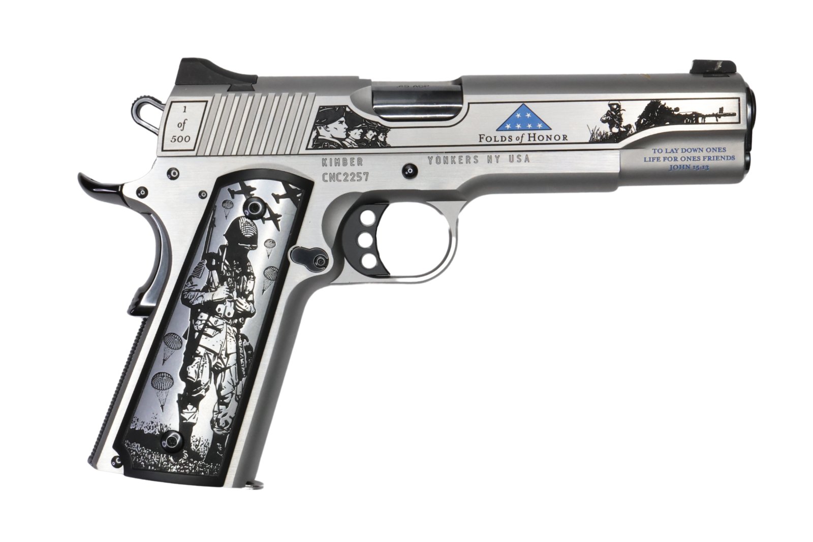 Kimber CNCFOLDSHONOR Folds Of Honor 1911 45 ACP 5" Engraved Stainless Steel Semi-Auto Pistol