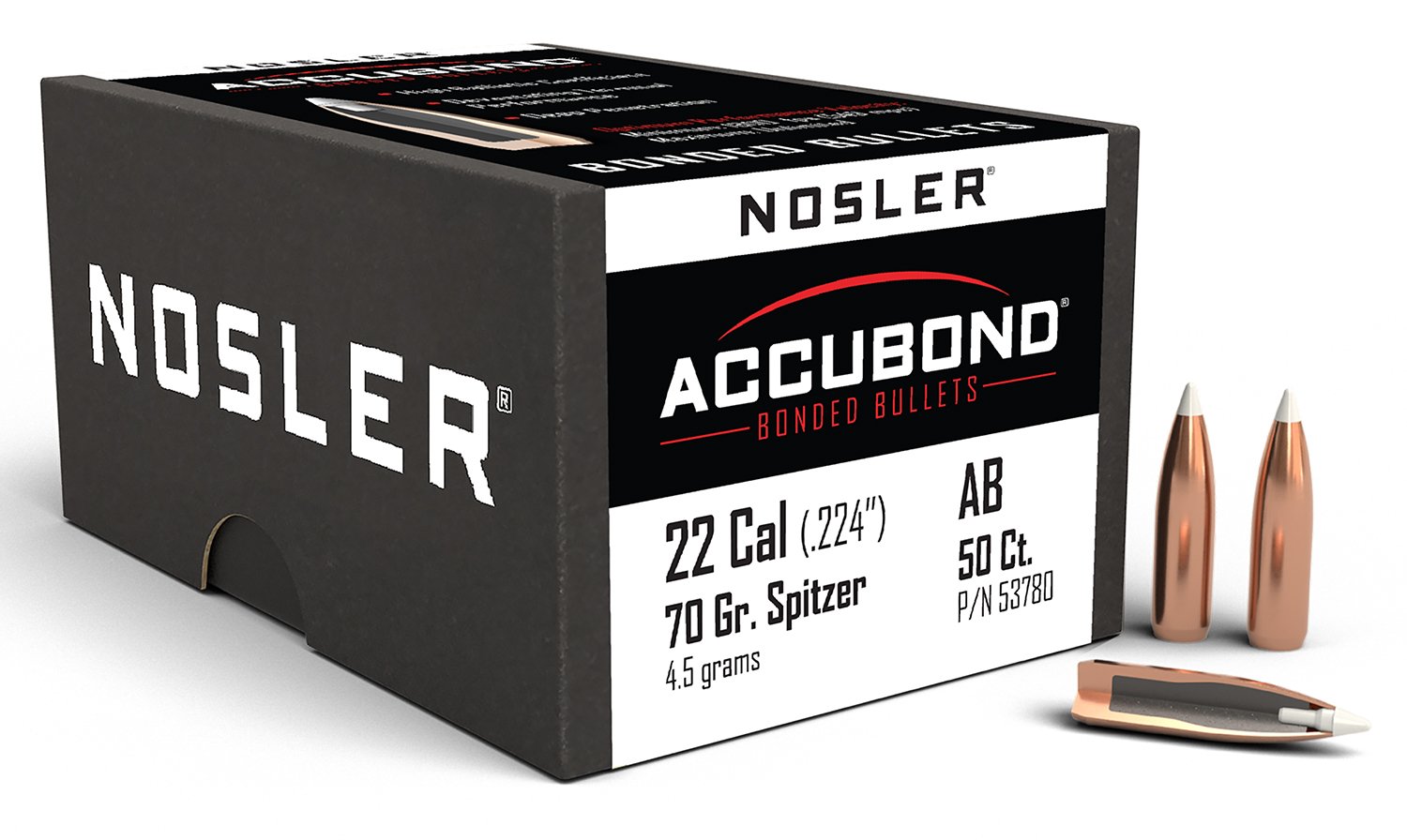Nosler 53780 AccuBond Hunting 22 Cal .224 70 gr Spitzer Point 50 Per Box