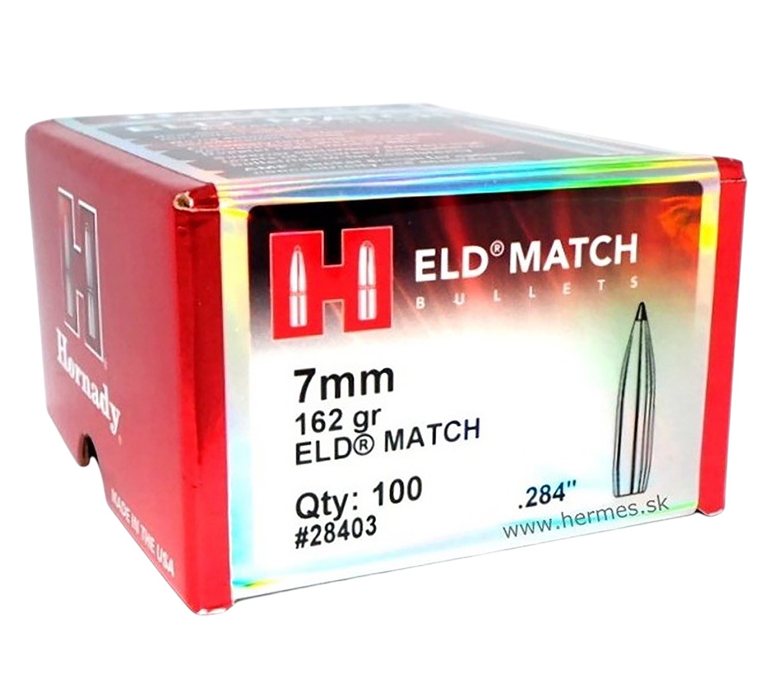 Hornady 28403 ELD Match Target 7mm .284 162 gr Low Drag-Match (ELD-M) - BC (G1): .652, BC (G7): .329, SD: .287 - 100/Box - Hornady Manufacturing Company - 284 Caliber