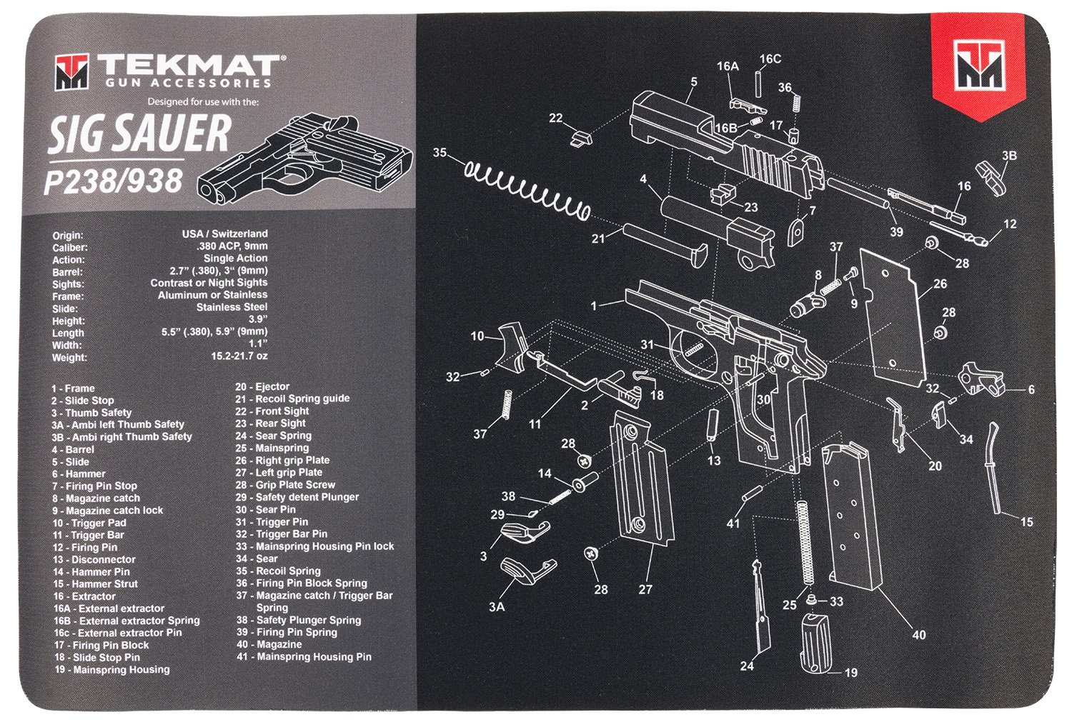 TekMat TEKR17SIGP238 Cleaning Mat 11" x 17" Sig P238 Diagram - TEKMAT - NOT APPLICABLE