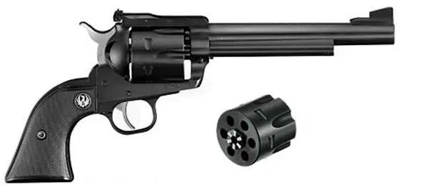 Ruger 0318 Blackhawk Convertible Revolver: 357 Mag, 9mm Luger, 6.50" Barrel, Blued Alloy Steel, 6rd Capacity, Adjustable Sights, Black Checkered Hard Rubber Grip