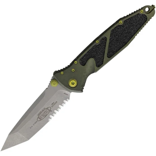 Microtech Socom Elite 3.98 In Part Serrated Apocalyptic Grenade Green Alu Handle