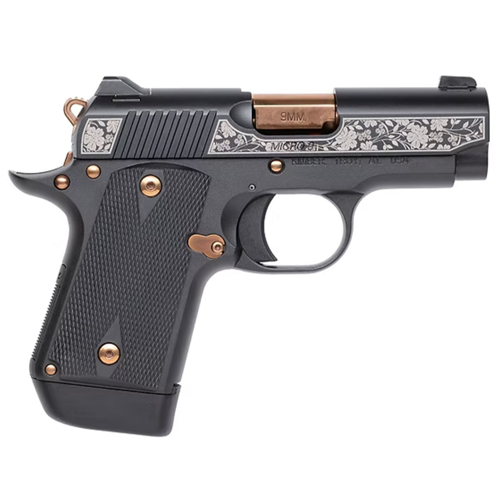 CNC KIMBER MICRO 9 SYLVA 9MM 9MM, Floral Engraved Design, Copper PVD Barrel & Controls Rubber Grips, Limited Edition