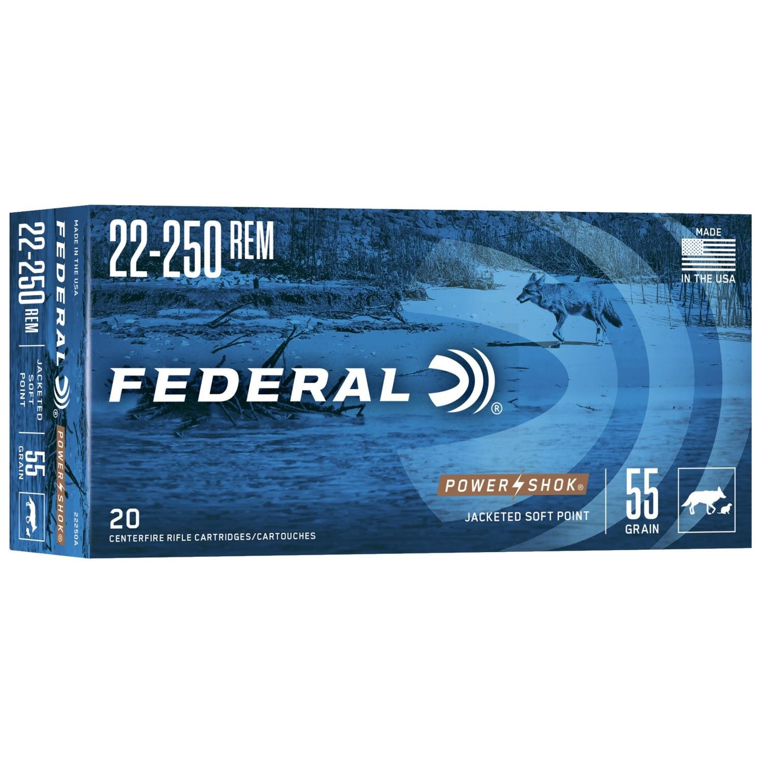 Federal 22250A Power-Shok 22-250Rem 55gr Jacketed Soft Point 20 Per... - Federal Premium Ammunition - JACKETED SOFT POINT