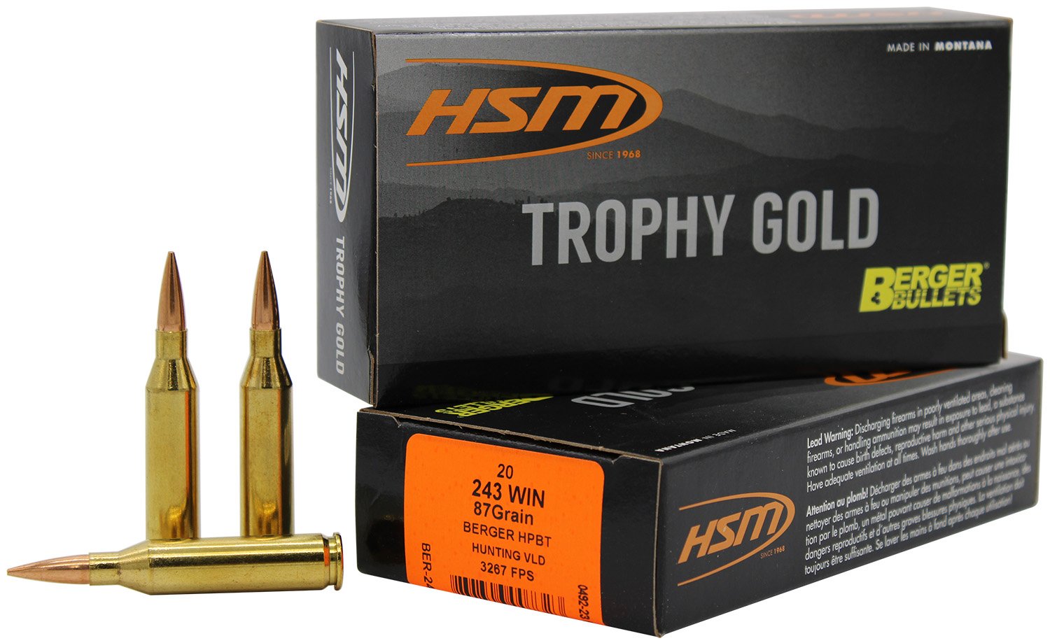 HSM 24387VLD Trophy Gold .243 Win 87gr Berger Hybrid 20 Rounds - HSM Ammunition - .243 WINCHESTER