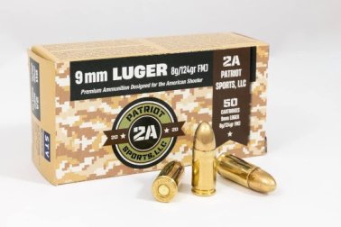 Patriot Sports Brass Case Handgun Ammunition 9mm Luger 124gr FMJ 1148 fps 50/ct