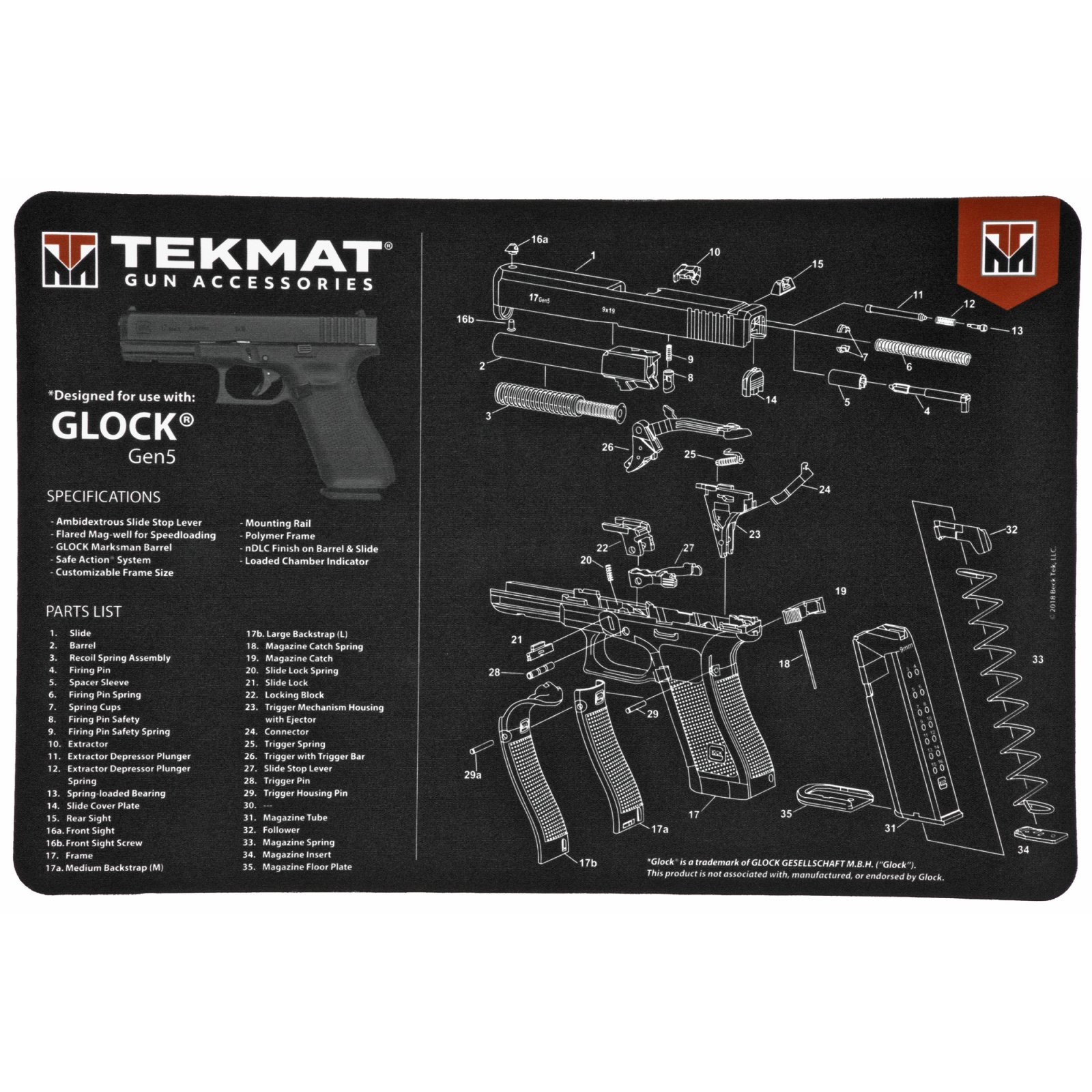 TekMat Glock Gen5 Armorer's Bench Mat 11x17 Inch Neoprene with Exploded View Design