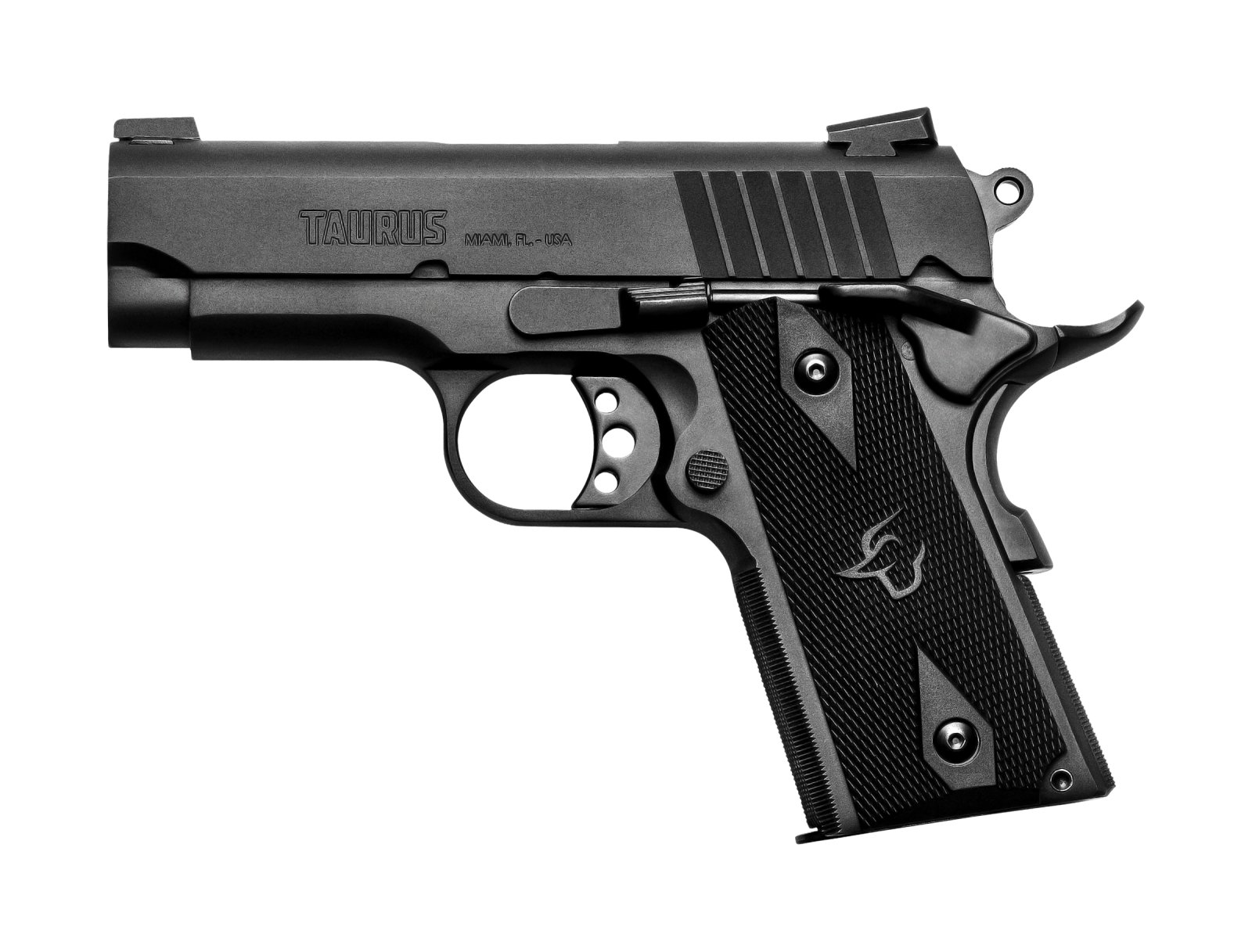 Taurus 1911 Officer 9MM Pistol - Compact, Black, 3.5" Stainless Steel Barrel, 8 Round Capacity, Single Action, Novak Adjustable Sights - Taurus International Manufacturing, Inc. - 9mm