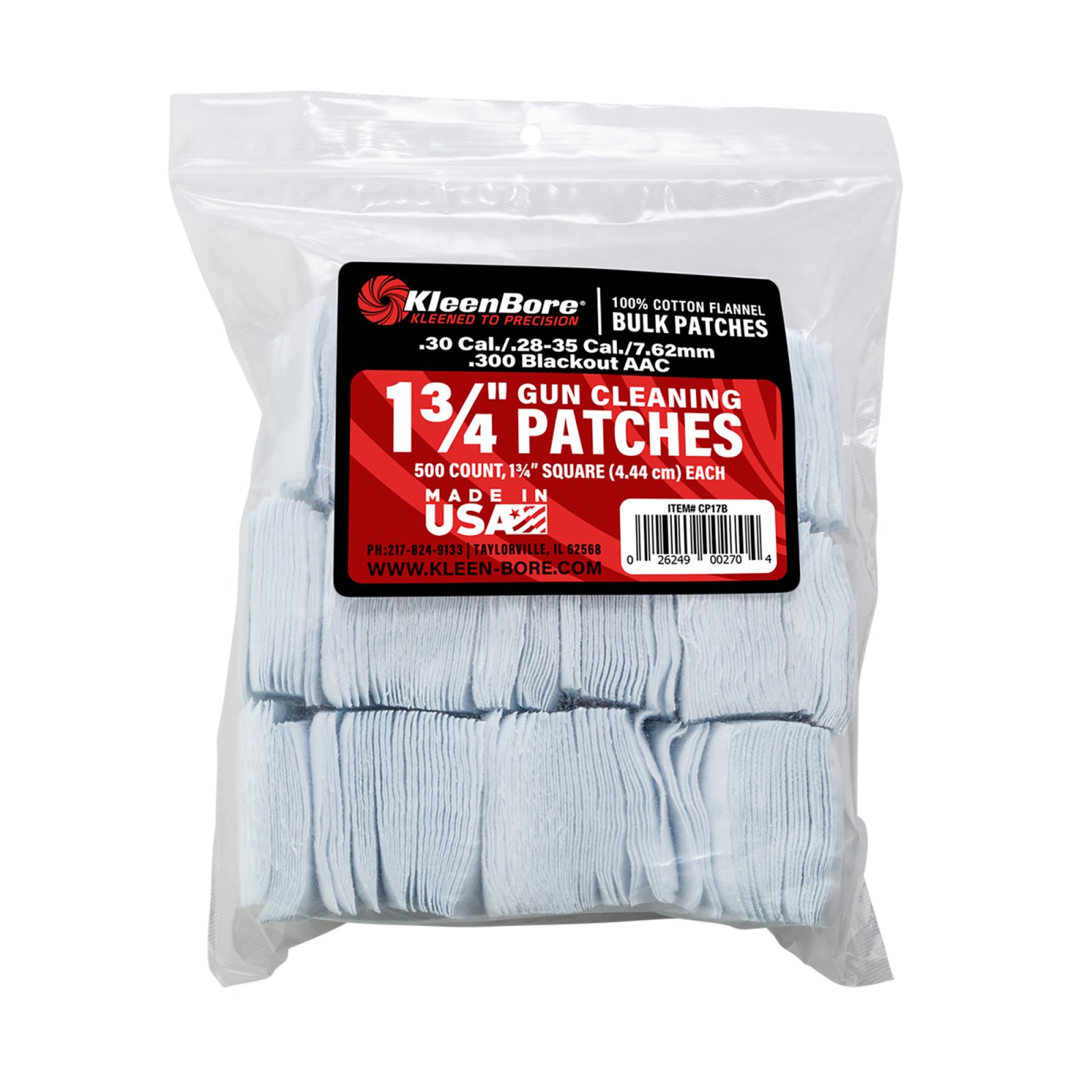Kleen-Bore SuperShooter Patch 28-35 1.75" Cotton 500/Pack Poly Bag CP17B