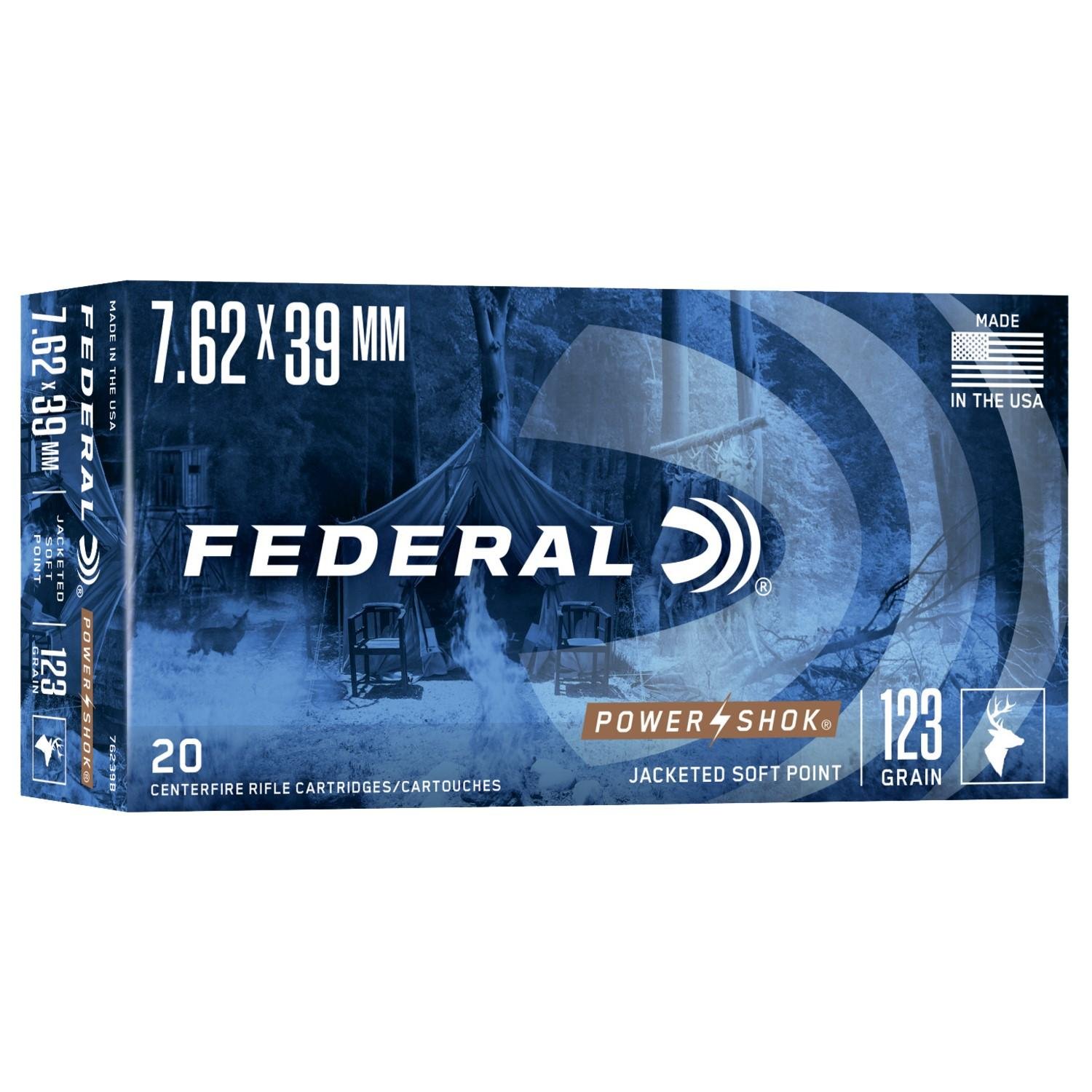 Federal 76239B Power-Shok 7.62x39mm 123 gr Jacketed Soft Point (JSP) Ammo - 20 Rounds per Box/ 10 Boxes per Case - Federal Premium Ammunition - JACKETED SOFT POINT