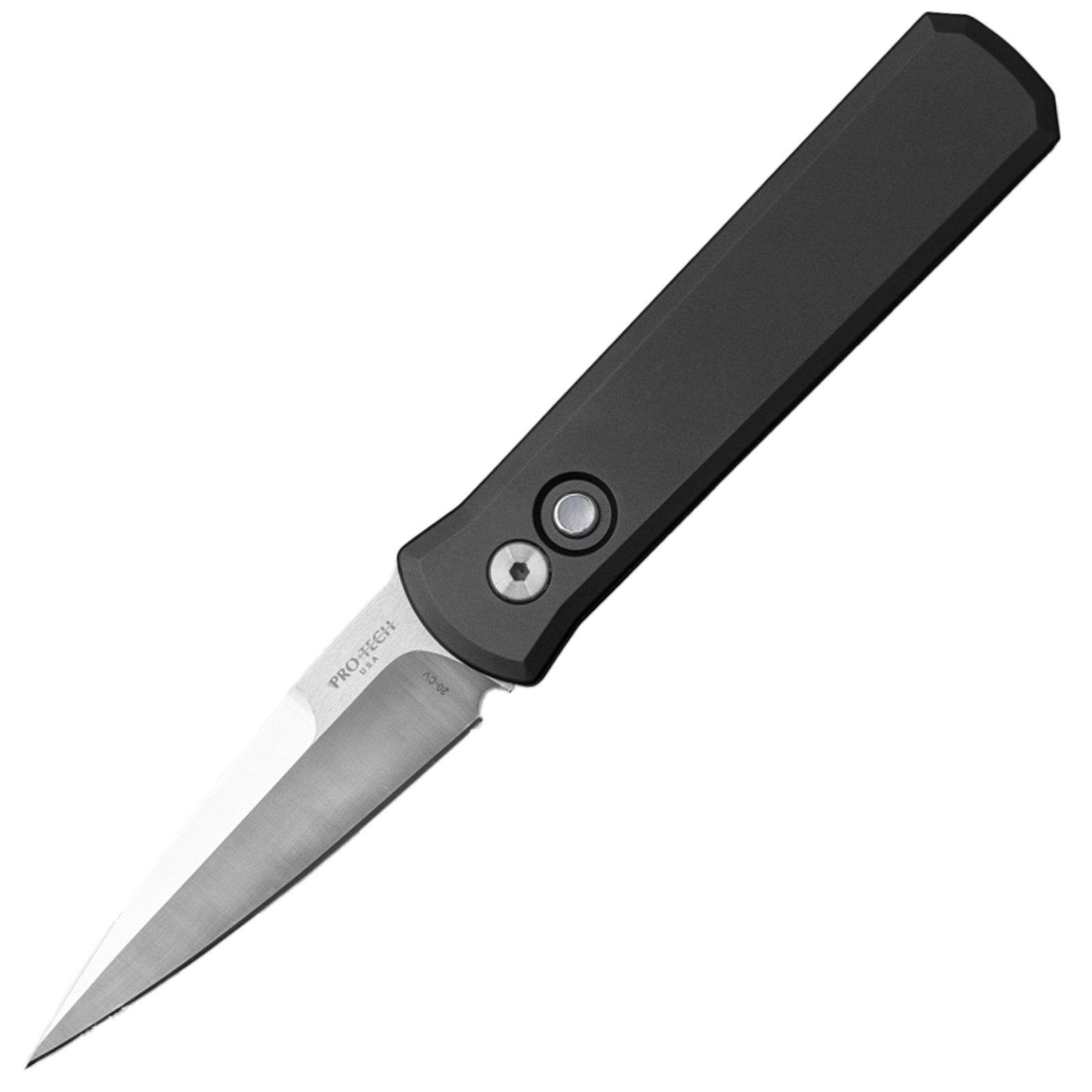 PROTECH GODSON AUTO BLACK HNDLE SATIN DAGGER BLADE Godson, 3.15" Blade Auto Folder, SOLID Black Handle, Satin CPM-20CV Blade pearl button, Satin Hardware, Pearl Button, Plain Edge.