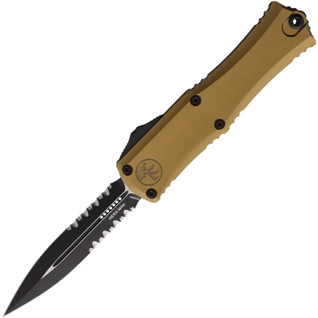 Microtech Hera II Mini 2.96 In D/E Part Serrated Black Tan Handle