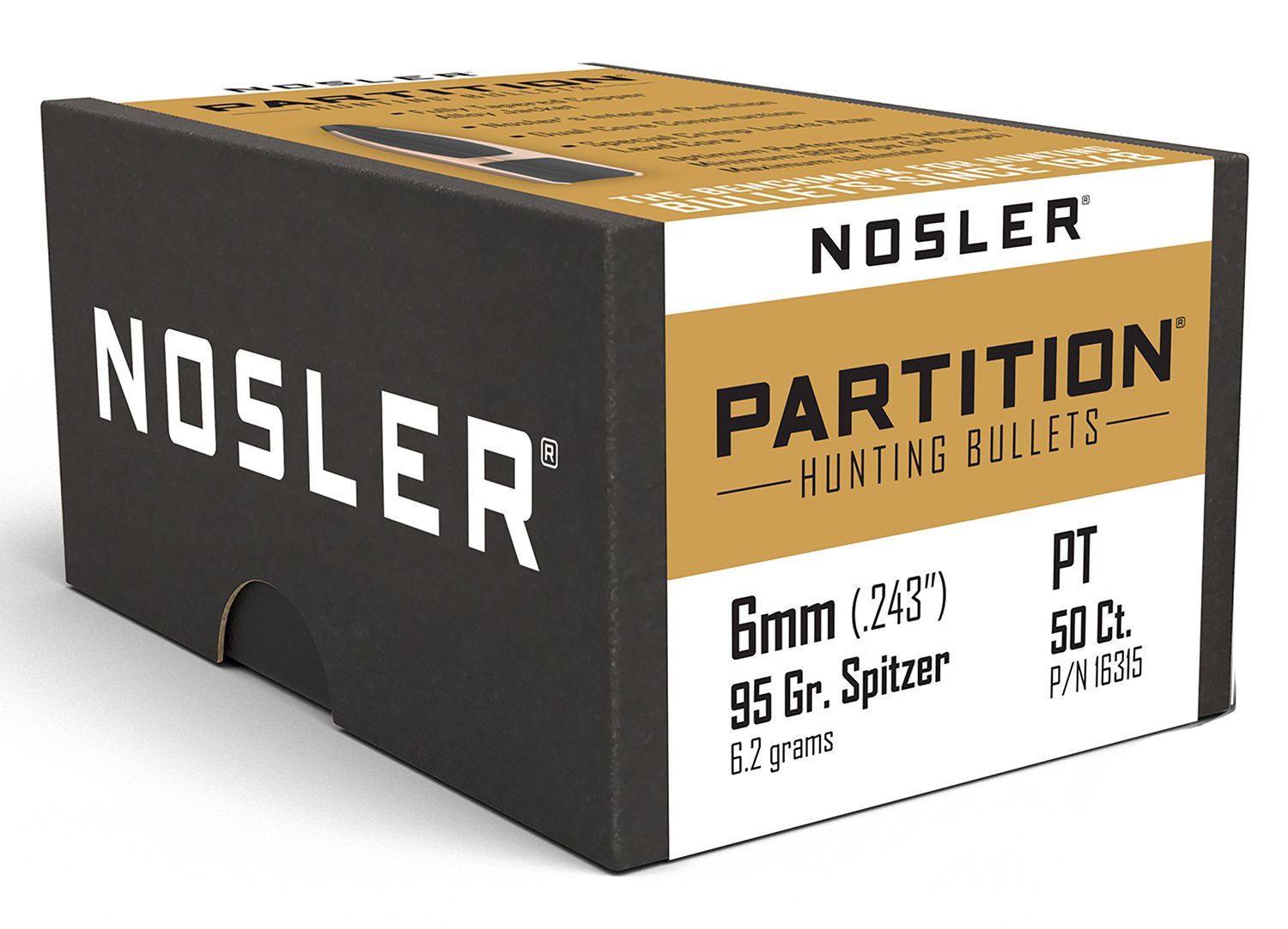 Nosler Partition 6mm 95gr Spitzer Point Bullets, 50pk, Copper, Model 16315 - Superior Mushrooming, Enhanced Penetration