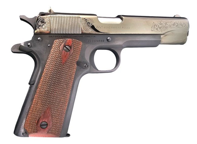 Colt 1911 Government Classic 45ACP 5in Blue Steel 7rd Gold Scrolled