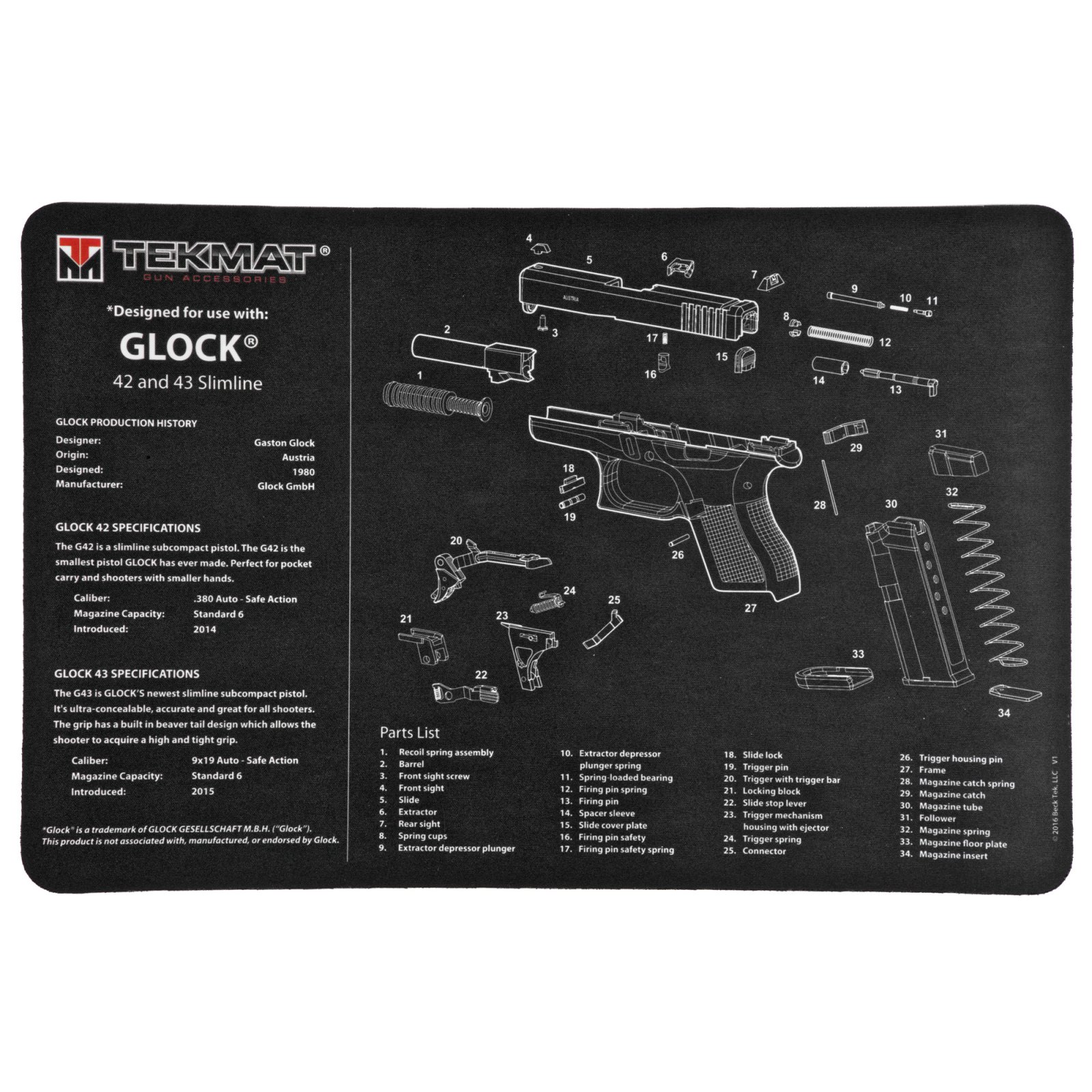 TekMat TEKR17GLOCK4243 Cleaning Mat Black/White Rubber 17" Long Parts Diagram