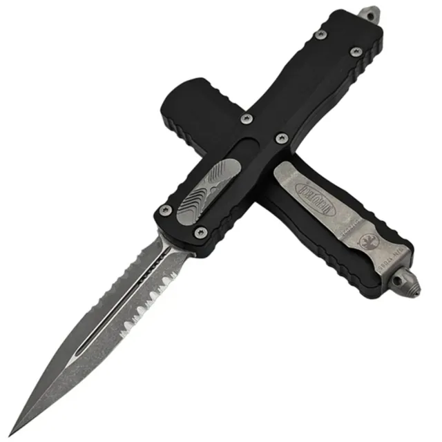 Microtech Dirac Delta 227-11AP 3.79 In D/E Apocalyptic BLK Part Serrate