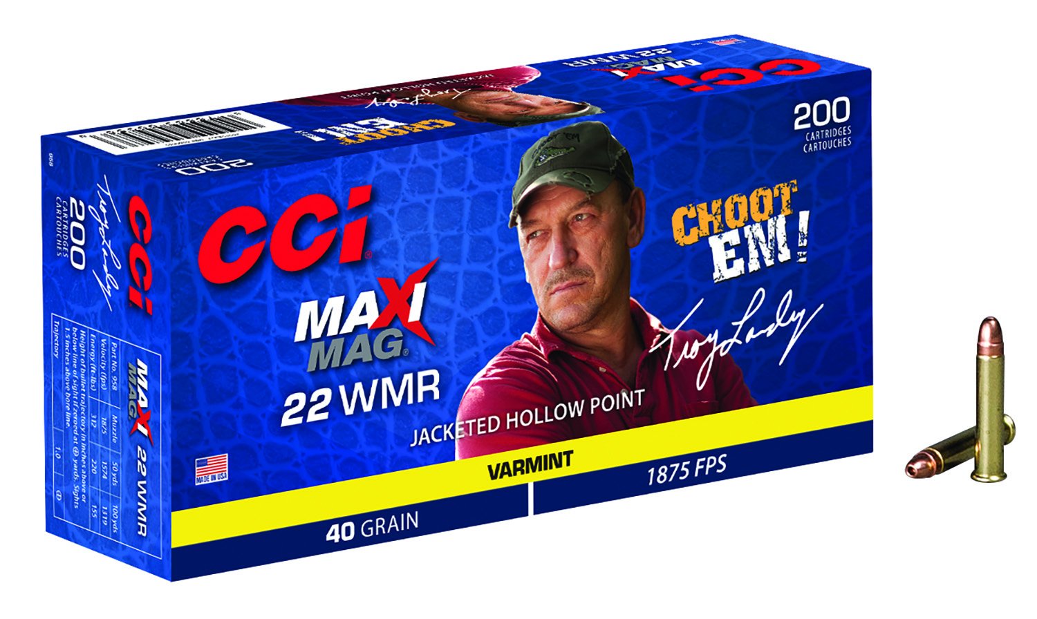 CCI 958 Maxi-Mag Varmint .22WMR 40gr JHP 200 Rounds 1875fps 312ft-lbs