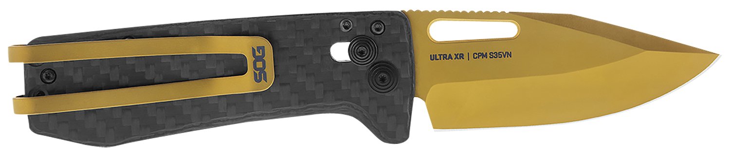 SOG Knife Ultra XR Carbon Fiber 2.8" PLN Edge Gold - SOG - CLIP POINT
