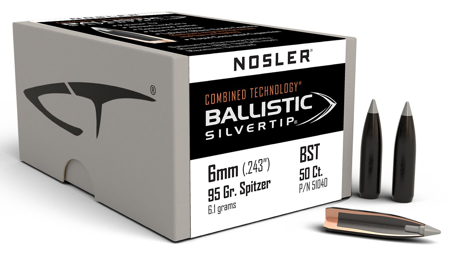 Nosler 51040 Ballistic Silvertip Hunting 6mm .243 95 gr Spitzer Point 50 Per Box - Nosler - 6mm