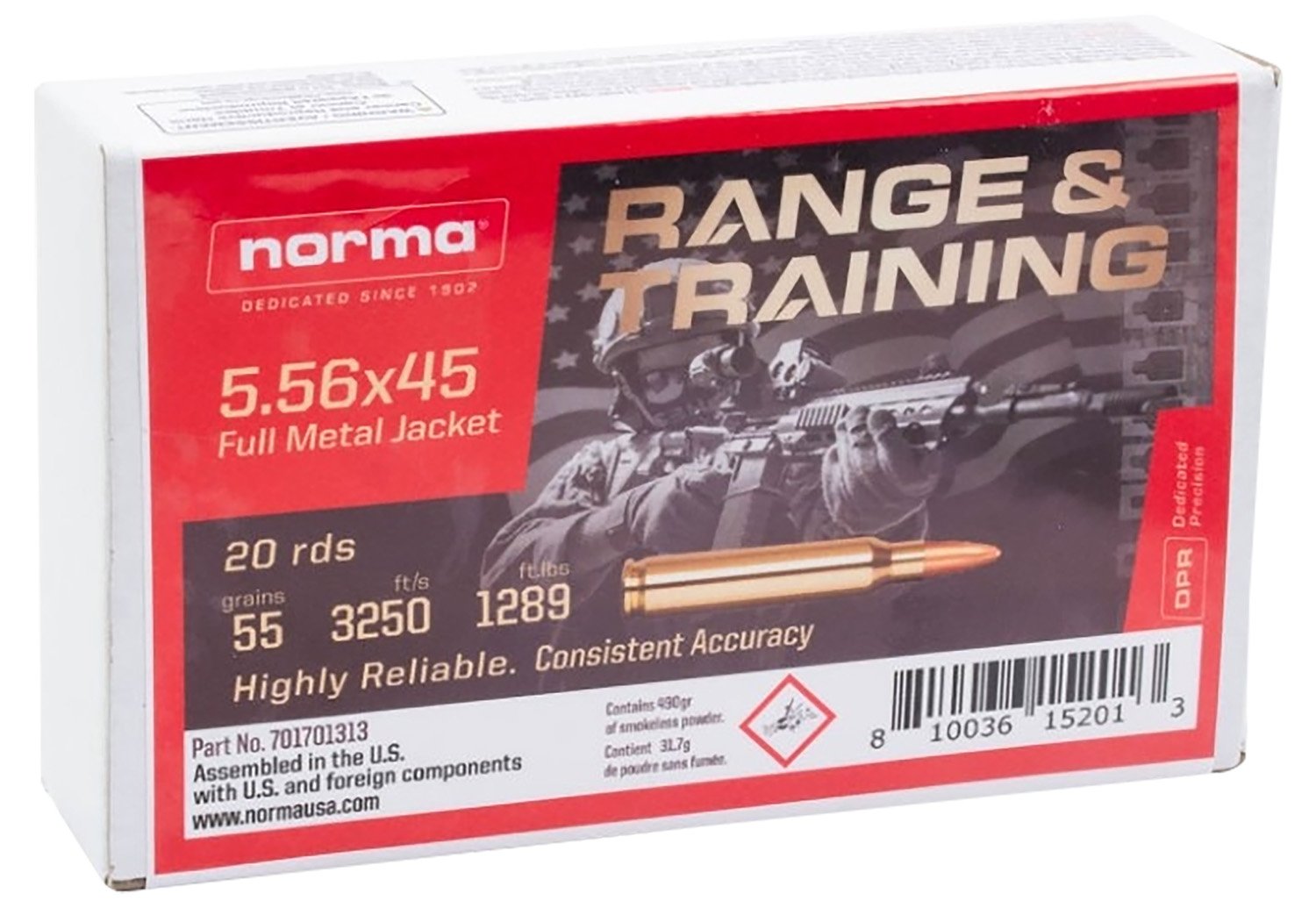 Norma 701701313 5.56x45mm NATO 55gr FMJ Ammo 20/Box 3250fps - Norma - 5.56x45mm NATO