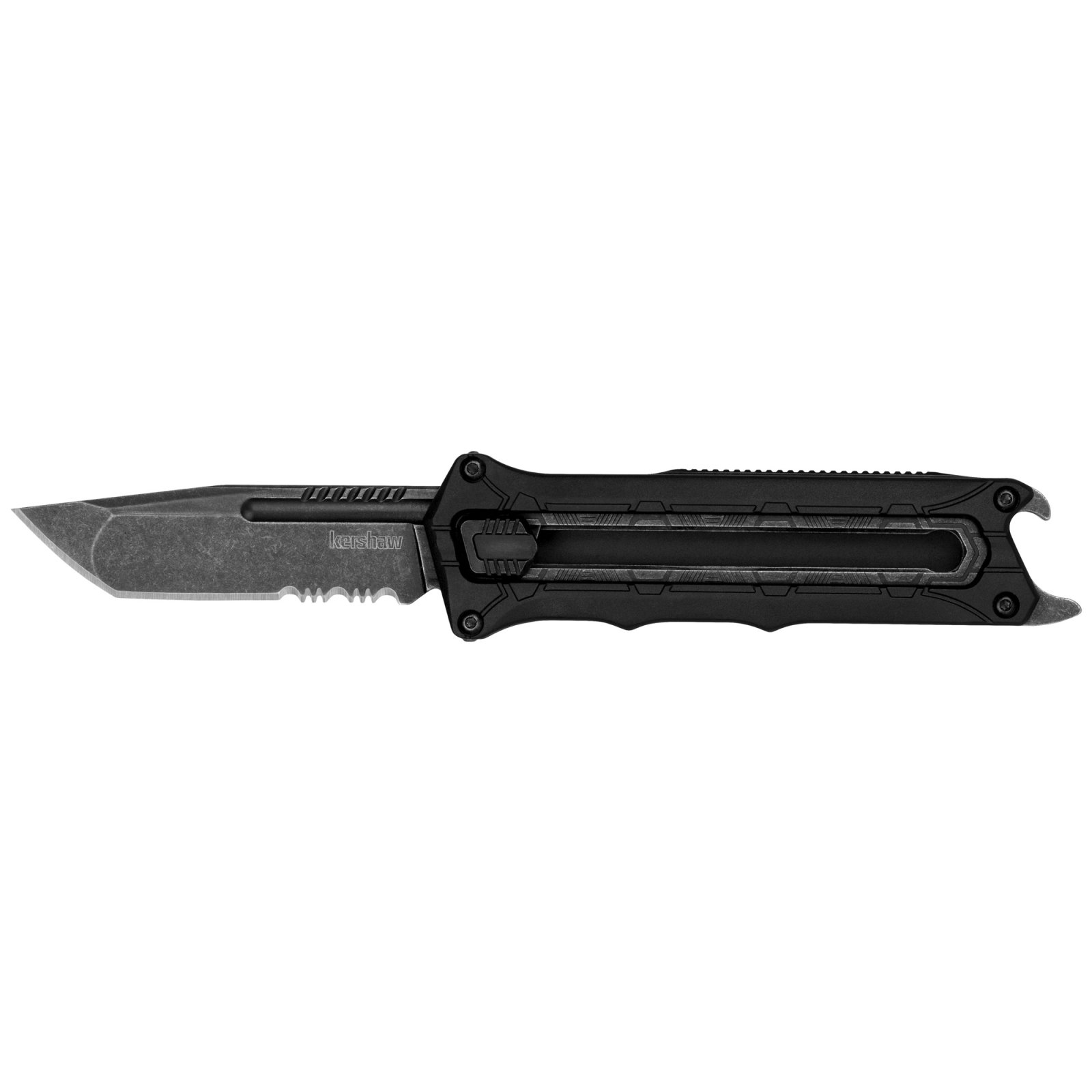 Kershaw Interstellar Knife: Manual Button Mechanism, Full-Size, Four-Finger Grip, Serrated Tanto Blade, Unique Textured Handle - Kershaw