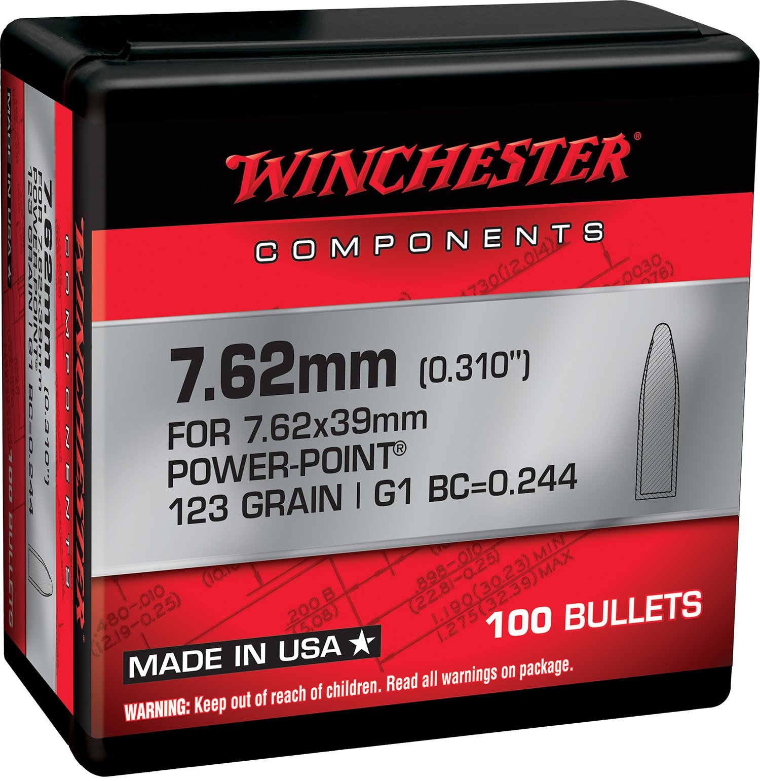 Winchester WB762P123X Centerfire Rifle Reloading Bullets .310 123 gr PP - Winchester - .310