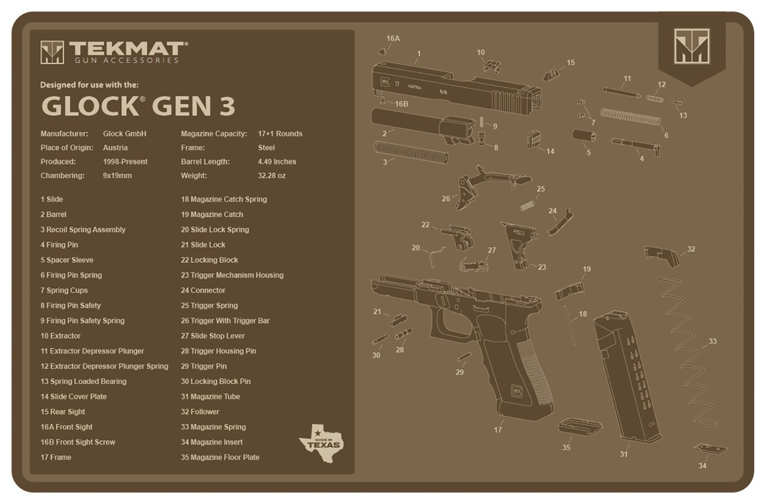 TekMat TEKR17GLOCKG3FDE Glock Gen 3 Cleaning Mat Flat Dark Earth Rubber ... - TEKMAT